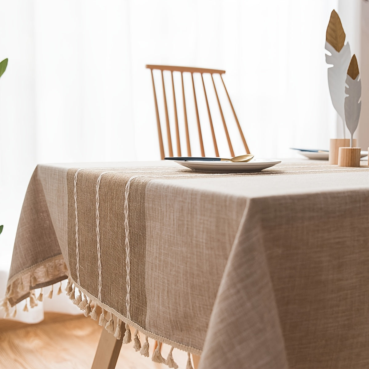 1pc Farmhouse Style Rectangular Tablecloth Suitable for Kitchen Dining Table - Elegant Striped Adhesive Table Cover with Fringe Trim, Washable & Easy Care, Fits for Farmhouse Decor, Fits Most Tables (Not Loose Fit)