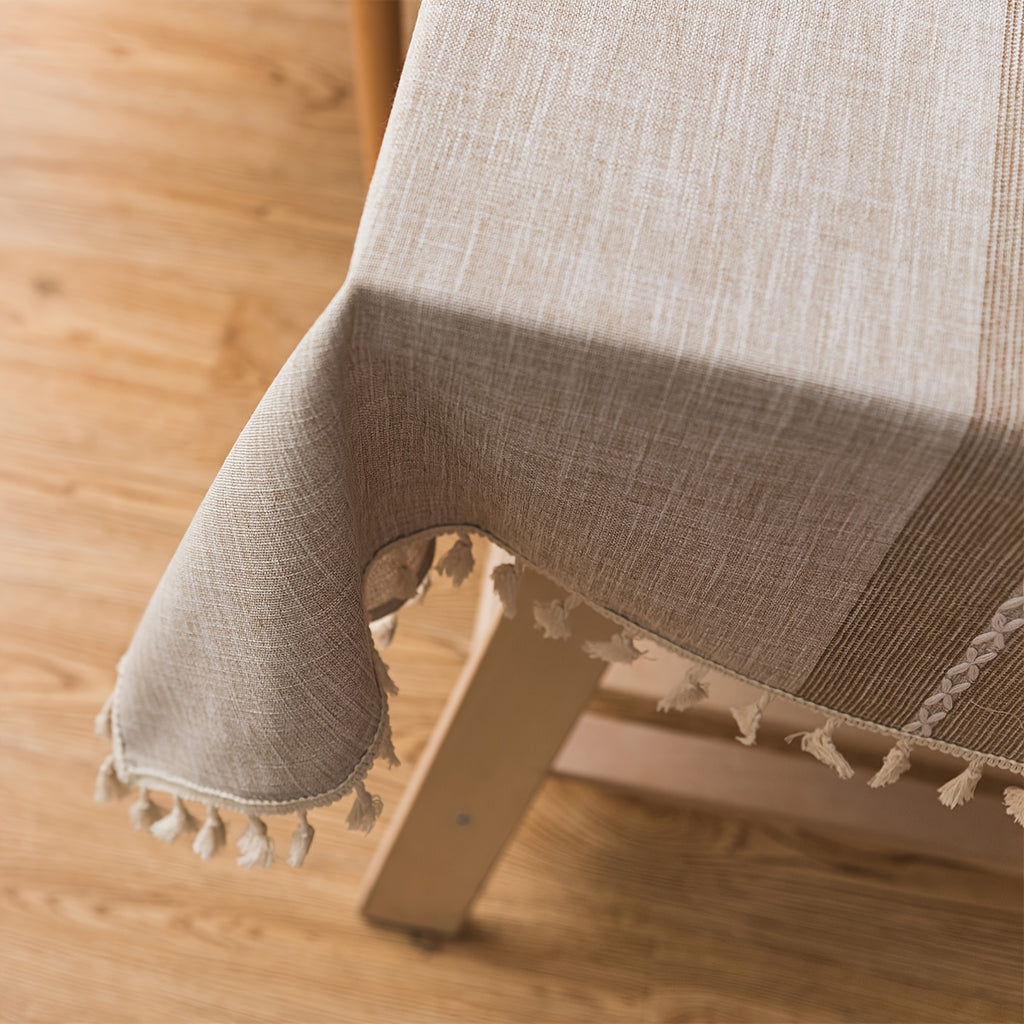 1pc Farmhouse Style Rectangular Tablecloth Suitable for Kitchen Dining Table - Elegant Striped Adhesive Table Cover with Fringe Trim, Washable & Easy Care, Fits for Farmhouse Decor, Fits Most Tables (Not Loose Fit)