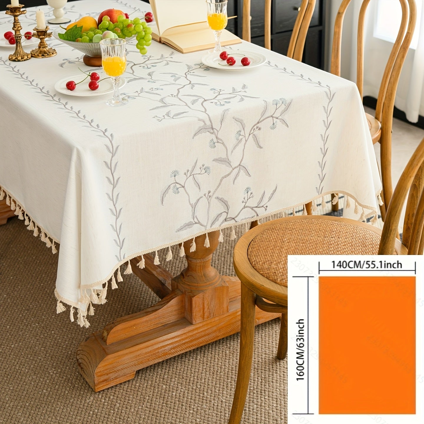 1pc French-Style Light Luxury Elegant Tablecloth, Blue-Gray with Branches, Leaves, and Flowers. Suitable for Dining Room, Living Room, and Dining Table Decoration; Picnics, Camping, Weddings, Holiday Parties, Restaurants, and Buffets