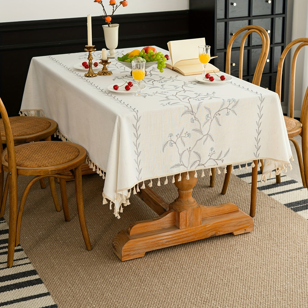 1pc French-Style Light Luxury Elegant Tablecloth, Blue-Gray with Branches, Leaves, and Flowers. Suitable for Dining Room, Living Room, and Dining Table Decoration; Picnics, Camping, Weddings, Holiday Parties, Restaurants, and Buffets