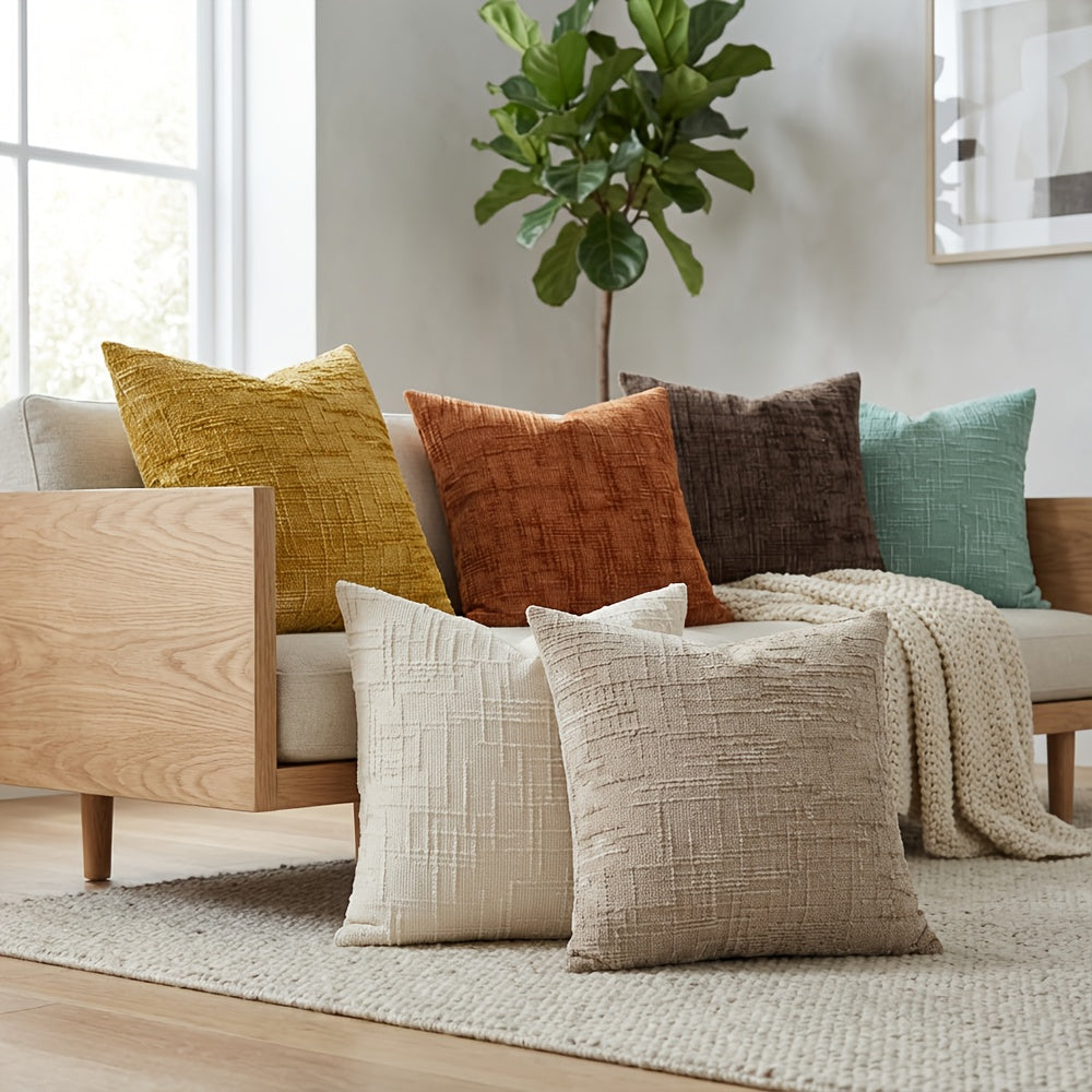 Set of 4 Bohemian Soft Chenille Textured Decorative Pillow Covers 18X18 Inches, Ideal for Farmhouse Style in All Seasons