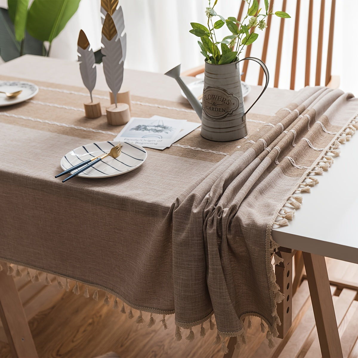 1pc Farmhouse Style Rectangular Tablecloth Suitable for Kitchen Dining Table - Elegant Striped Adhesive Table Cover with Fringe Trim, Washable & Easy Care, Fits for Farmhouse Decor, Fits Most Tables (Not Loose Fit)