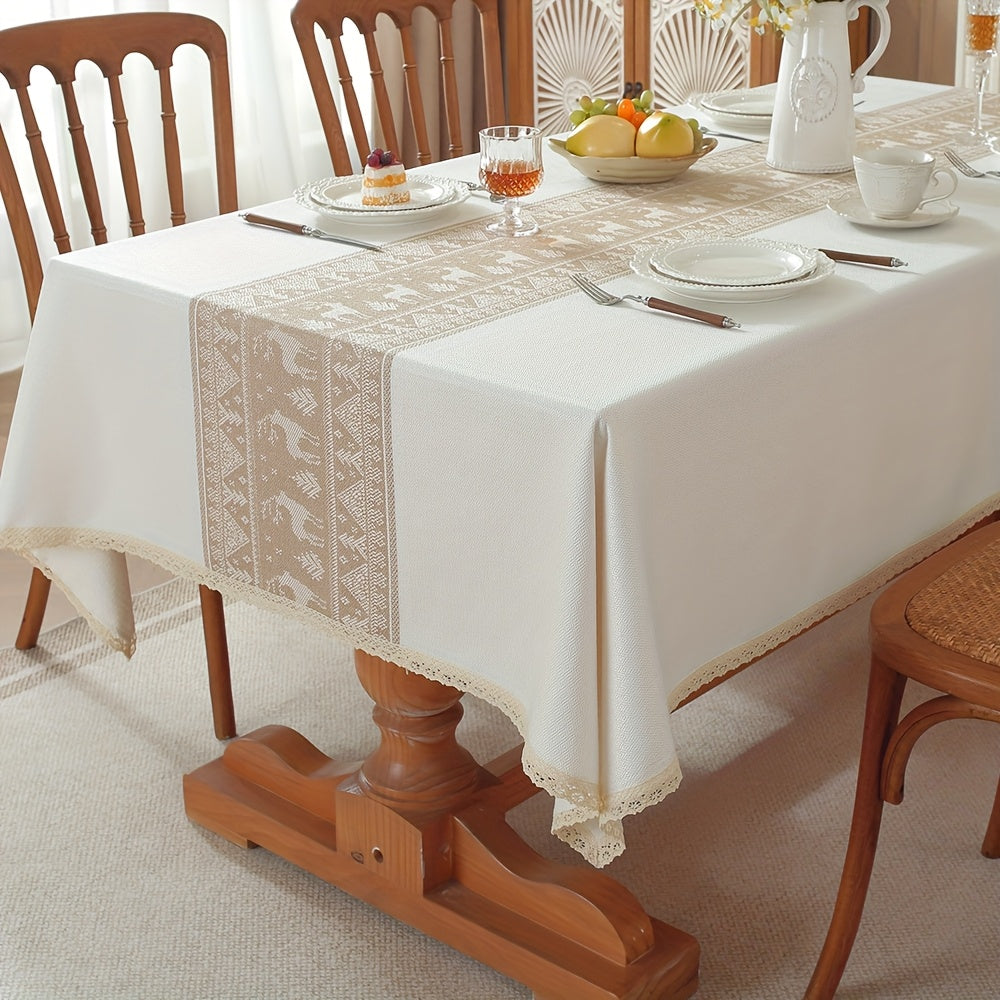 1pc Elk White Coffee Polyester Tablecloth - Lace Trim, Suitable for Halloween, Christmas, Living Room Decoration, Bohemian Wedding Decoration, (55×55In)