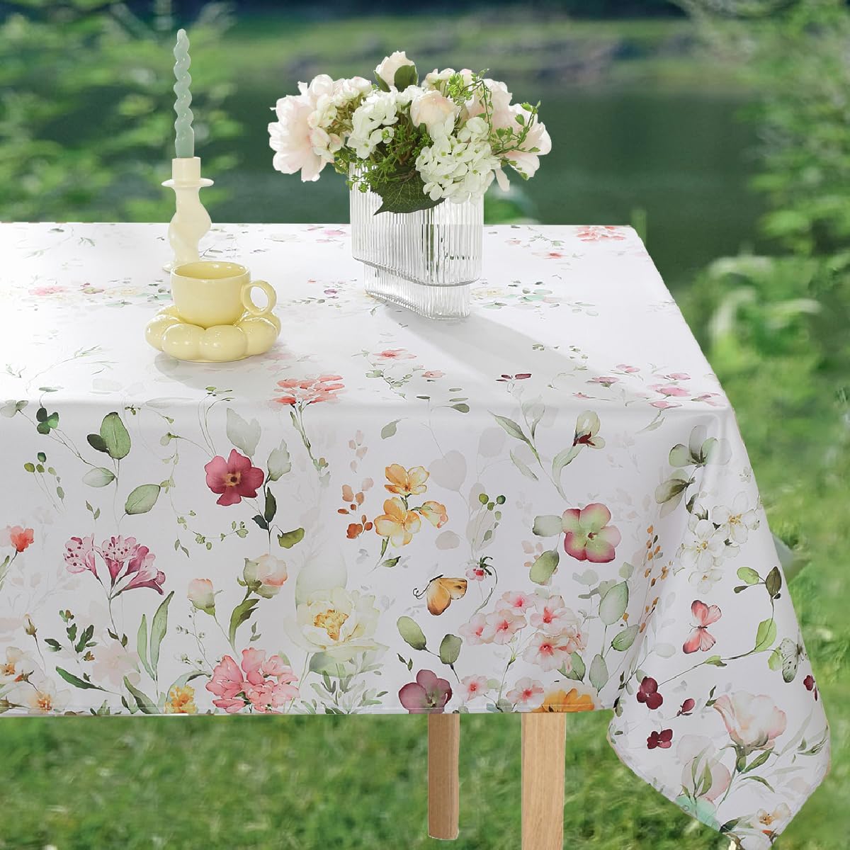 SASTYBALE Spring Summer Tablecloths for Rectangle Tables 84x60 Inch, Washable Watercolor Wildflower Green Floral Fabric Table Cloth, High Quality Runner Style Tablecloth for Picnic Dinner Outdoor