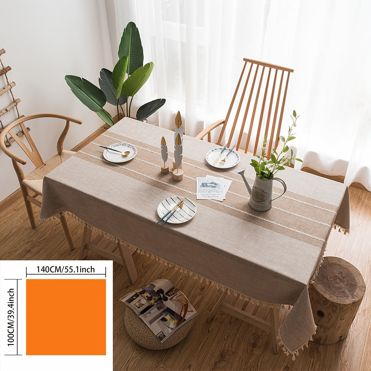 1pc Farmhouse Style Rectangular Tablecloth Suitable for Kitchen Dining Table - Elegant Striped Adhesive Table Cover with Fringe Trim, Washable & Easy Care, Fits for Farmhouse Decor, Fits Most Tables (Not Loose Fit)
