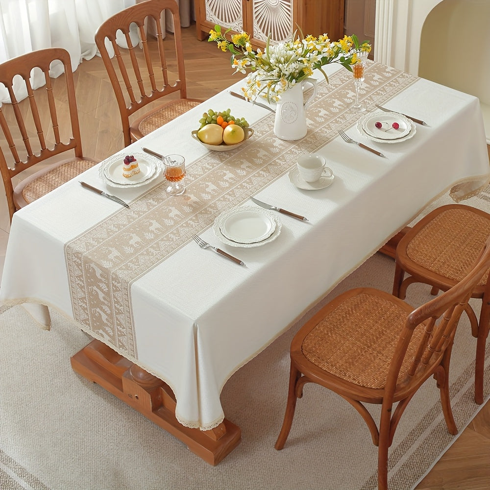 1pc Elk White Coffee Polyester Tablecloth - Lace Trim, Suitable for Halloween, Christmas, Living Room Decoration, Bohemian Wedding Decoration, (55×55In)