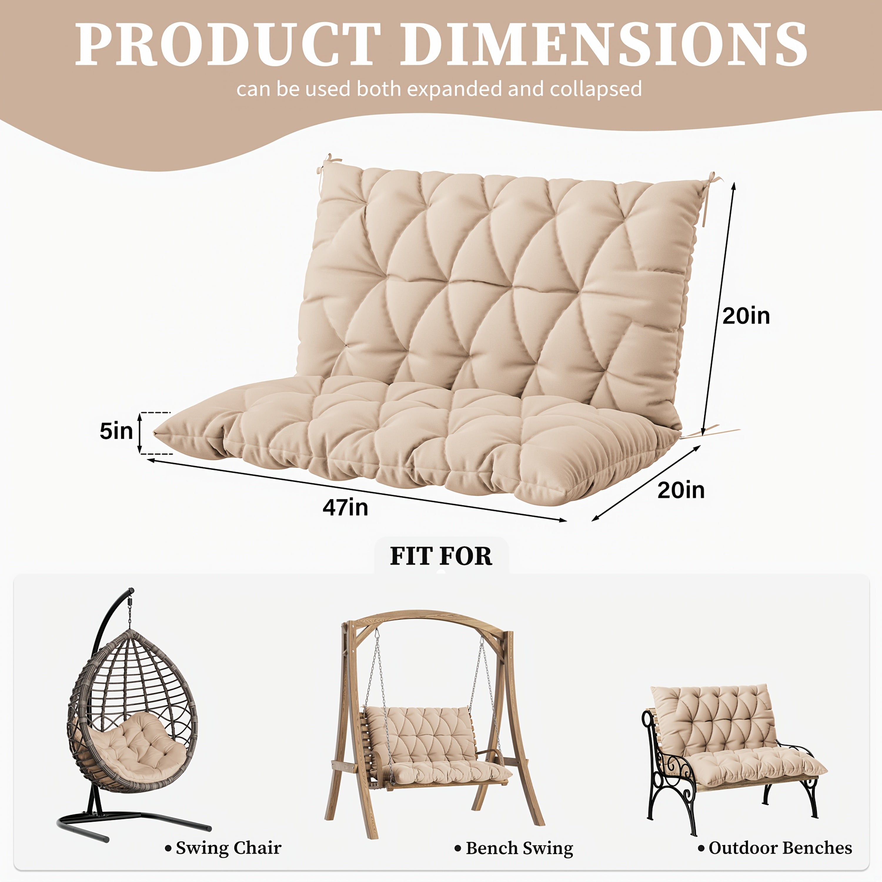 1pc Outdoor Swing Cushion With Backrest, 47x40 Inches, 5 Inches Thick, Waterproof Chair Cushion For Outdoor Furniture, 2-3 Seat Replaceable 5 Inch Swing Cushion, Great For Backyard, Garden, Etc., 19 Colors Available, Cushion Only