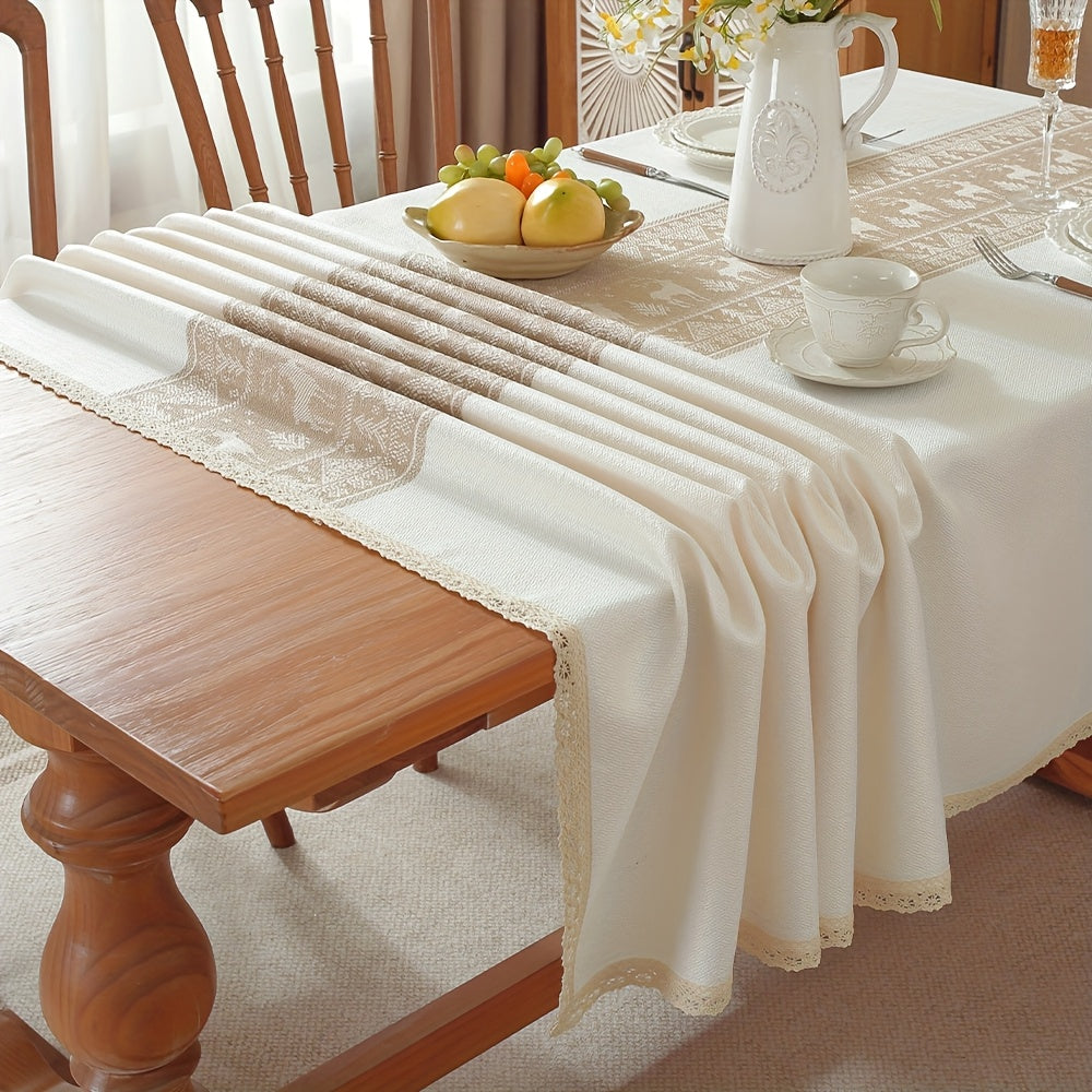 1pc Elk White Coffee Polyester Tablecloth - Lace Trim, Suitable for Halloween, Christmas, Living Room Decoration, Bohemian Wedding Decoration, (55×55In)