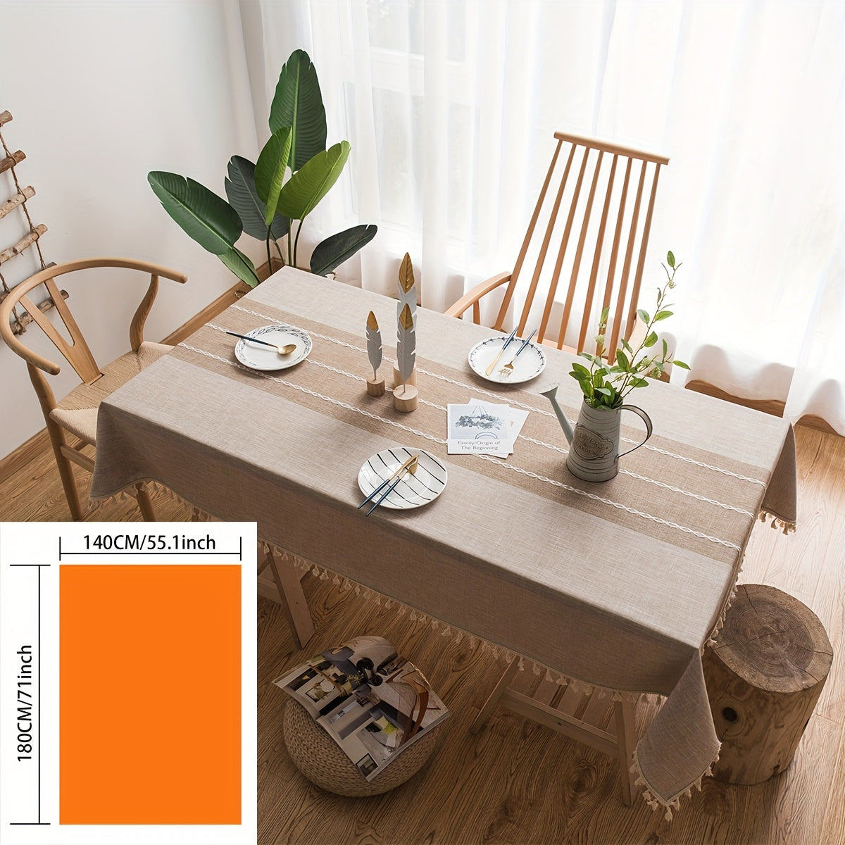 1pc Farmhouse Style Rectangular Tablecloth Suitable for Kitchen Dining Table - Elegant Striped Adhesive Table Cover with Fringe Trim, Washable & Easy Care, Fits for Farmhouse Decor, Fits Most Tables (Not Loose Fit)