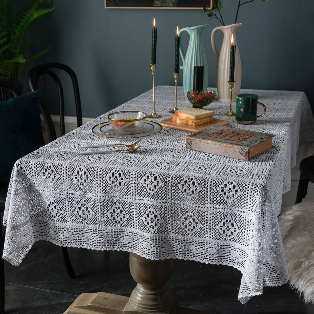American Country White Crochet Table and Chair Tablecloth Hollow Coffee Table Tablecloth Cover 1pc