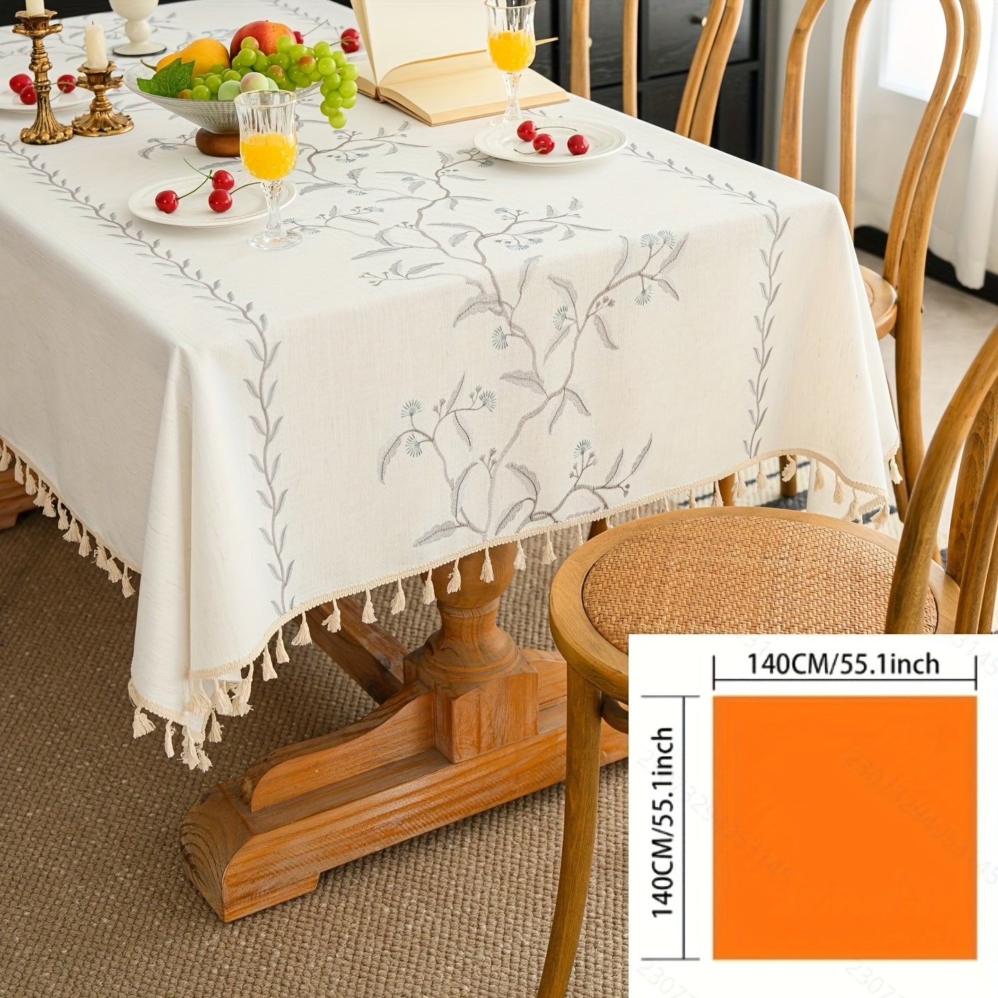1pc French-Style Light Luxury Elegant Tablecloth, Blue-Gray with Branches, Leaves, and Flowers. Suitable for Dining Room, Living Room, and Dining Table Decoration; Picnics, Camping, Weddings, Holiday Parties, Restaurants, and Buffets