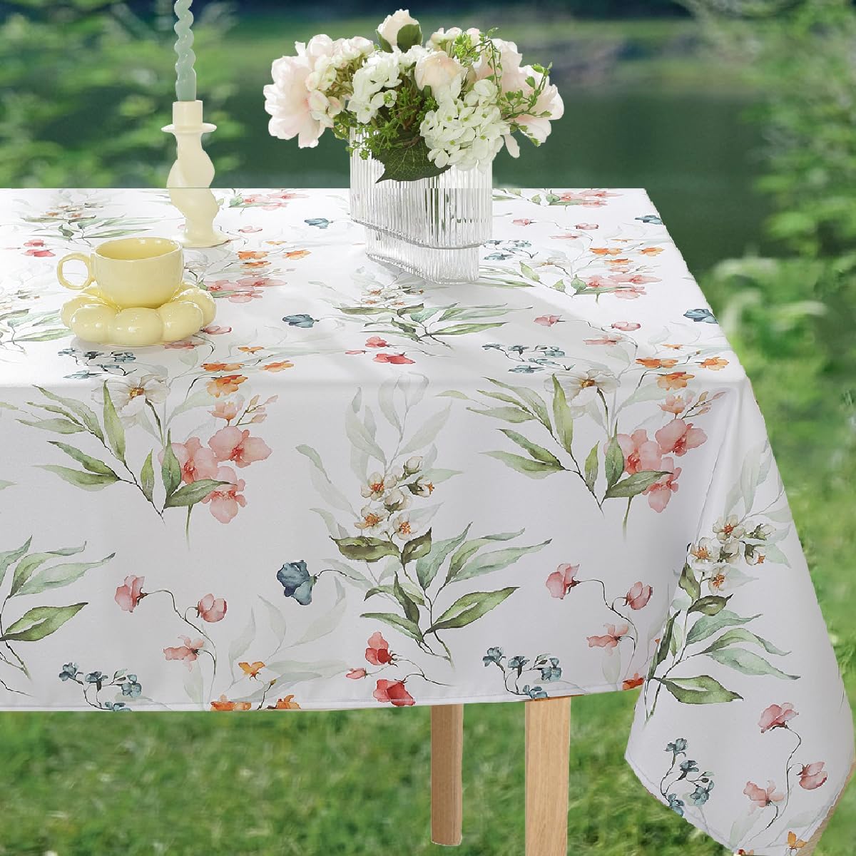 SASTYBALE Spring Summer Tablecloths for Rectangle Tables 84x60 Inch, Washable Watercolor Wildflower Green Floral Fabric Table Cloth, High Quality Runner Style Tablecloth for Picnic Dinner Outdoor