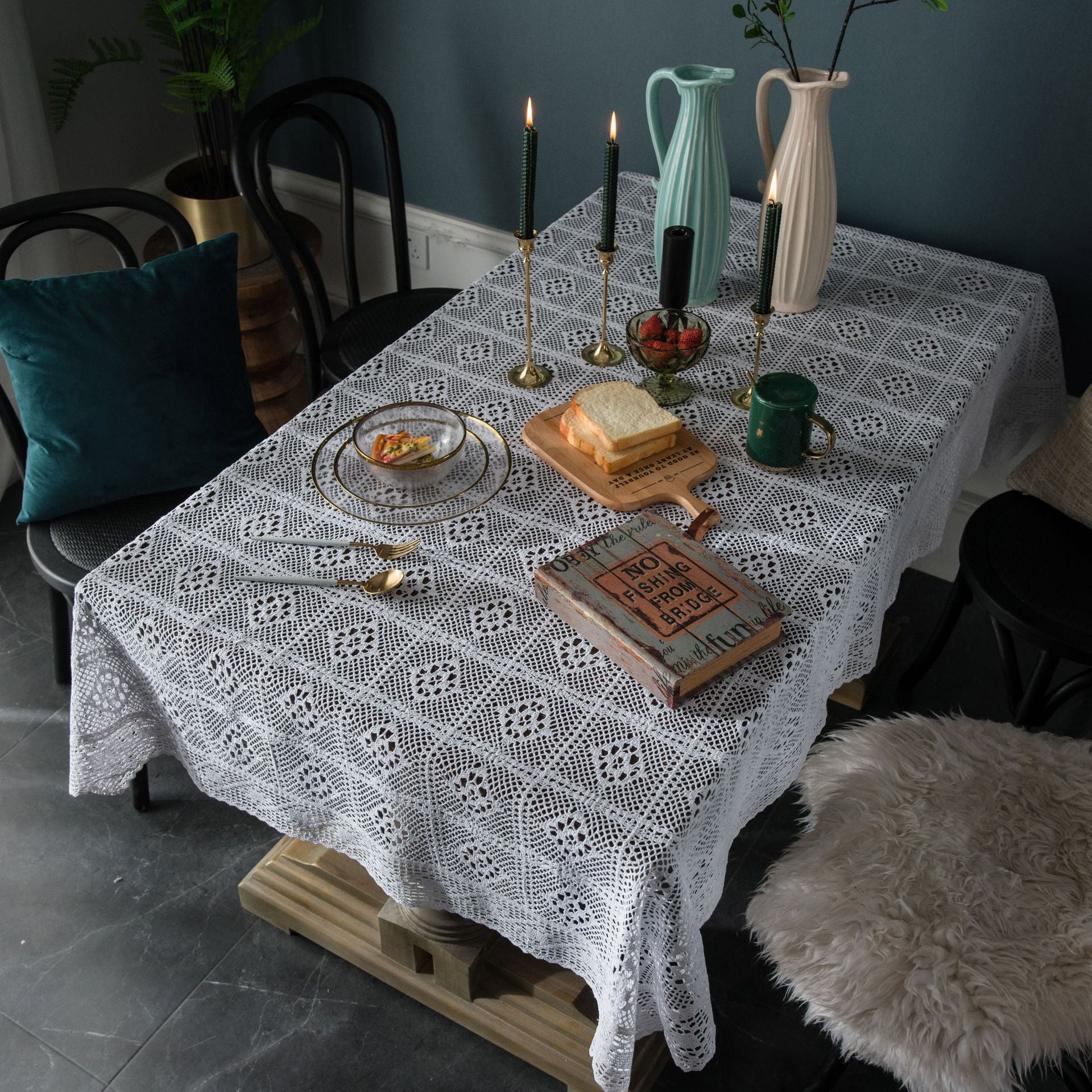 American Country White Crochet Table and Chair Tablecloth Hollow Coffee Table Tablecloth Cover 1pc
