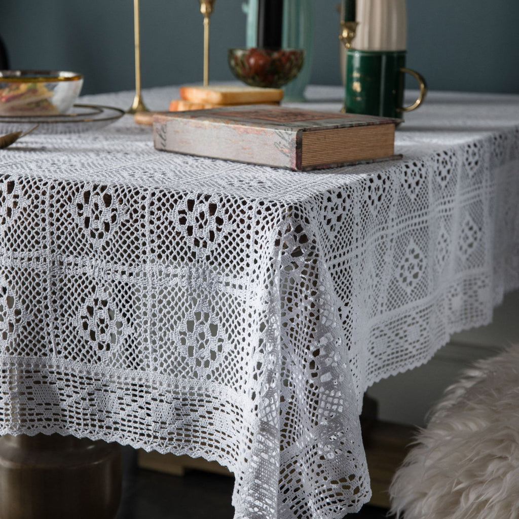 American Country White Crochet Table and Chair Tablecloth Hollow Coffee Table Tablecloth Cover 1pc