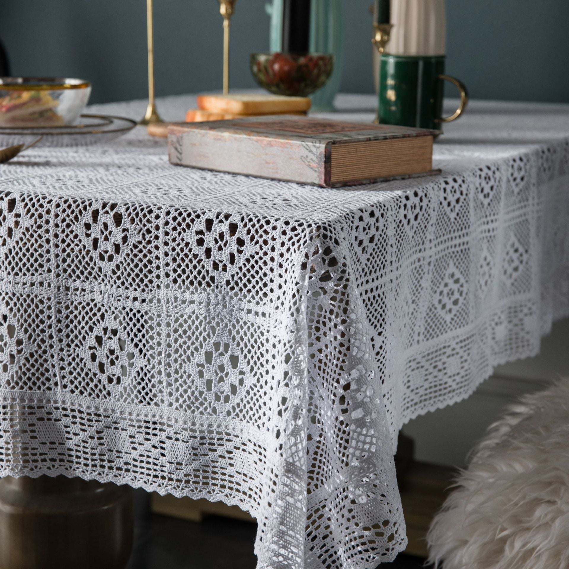 American Country White Crochet Table and Chair Tablecloth Hollow Coffee Table Tablecloth Cover 1pc