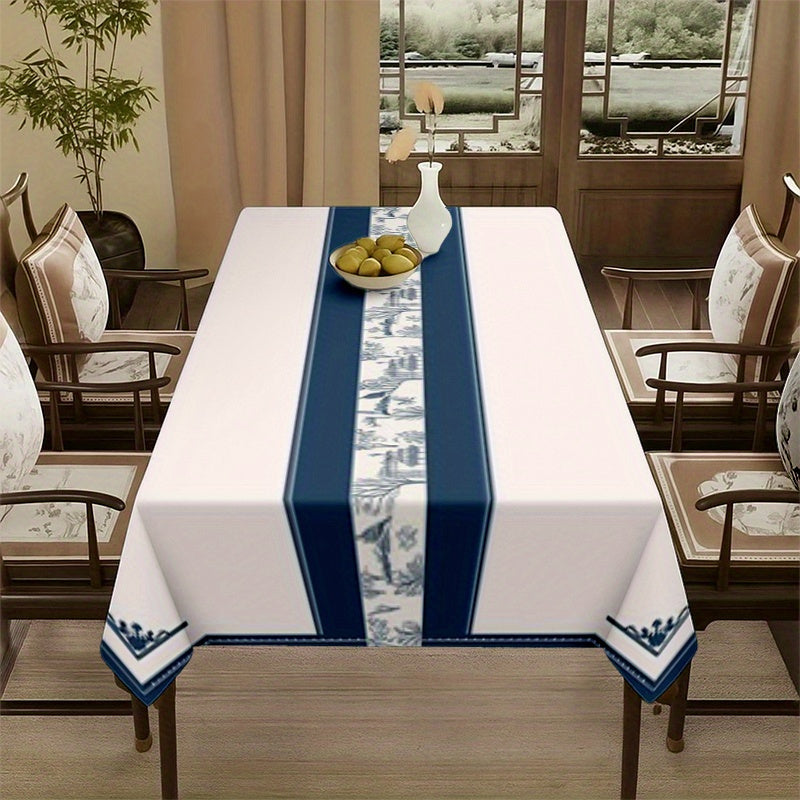 1pc Elegant Blue & White Chinese Landscape Tablecloth - Soft Rectangular Table Cover Suitable for Dining Table,, Parties, Durable Polyester Fabric with Traditional Chinese Patterns, Decor, Weddings, Banquets