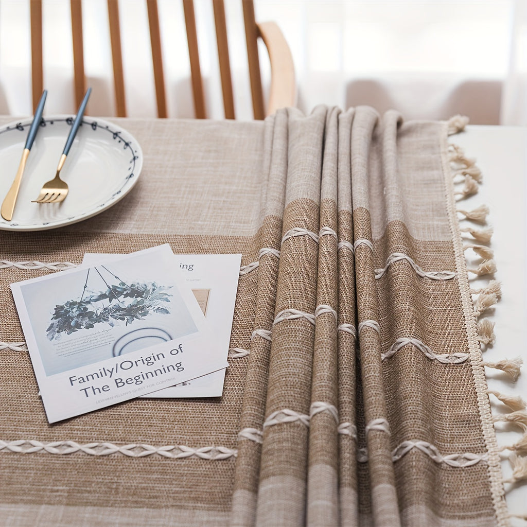 1pc Farmhouse Style Rectangular Tablecloth Suitable for Kitchen Dining Table - Elegant Striped Adhesive Table Cover with Fringe Trim, Washable & Easy Care, Fits for Farmhouse Decor, Fits Most Tables (Not Loose Fit)