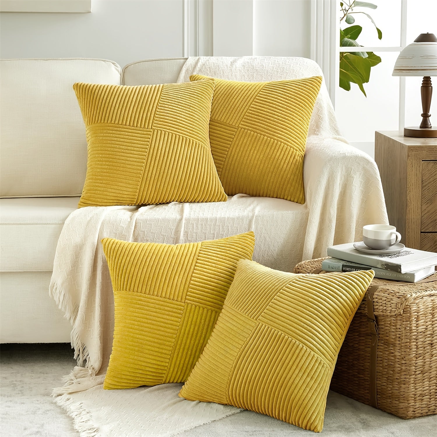 4pcs Neutral Taupe Boho Decorative Throw Pillow Covers 18x18 Inch for Couch Sofa Bed, Soft Corduroy Striped Patchwork Windmill Textured Square Cushion Covers Spring Seasonal Home Decor