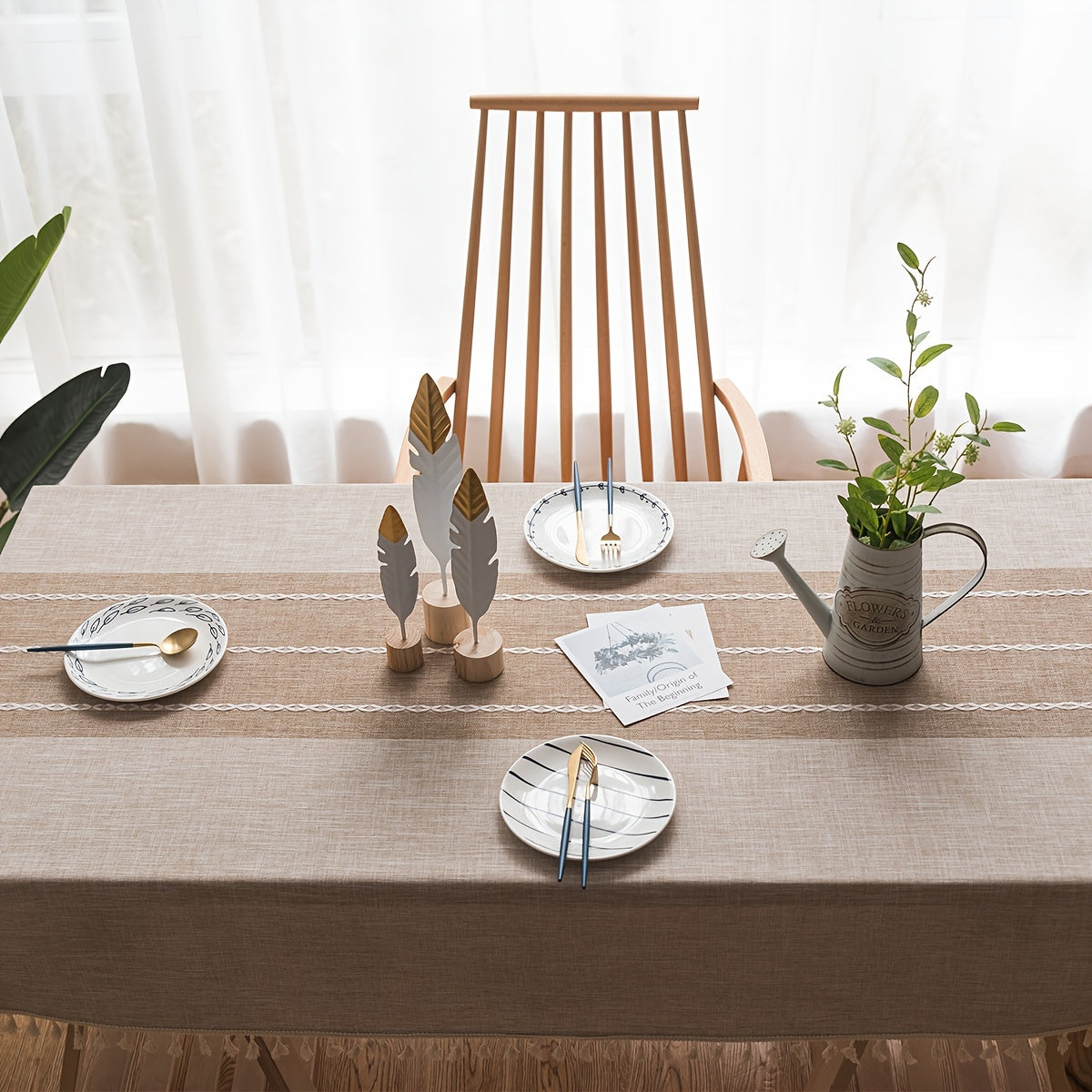 1pc Farmhouse Style Rectangular Tablecloth Suitable for Kitchen Dining Table - Elegant Striped Adhesive Table Cover with Fringe Trim, Washable & Easy Care, Fits for Farmhouse Decor, Fits Most Tables (Not Loose Fit)