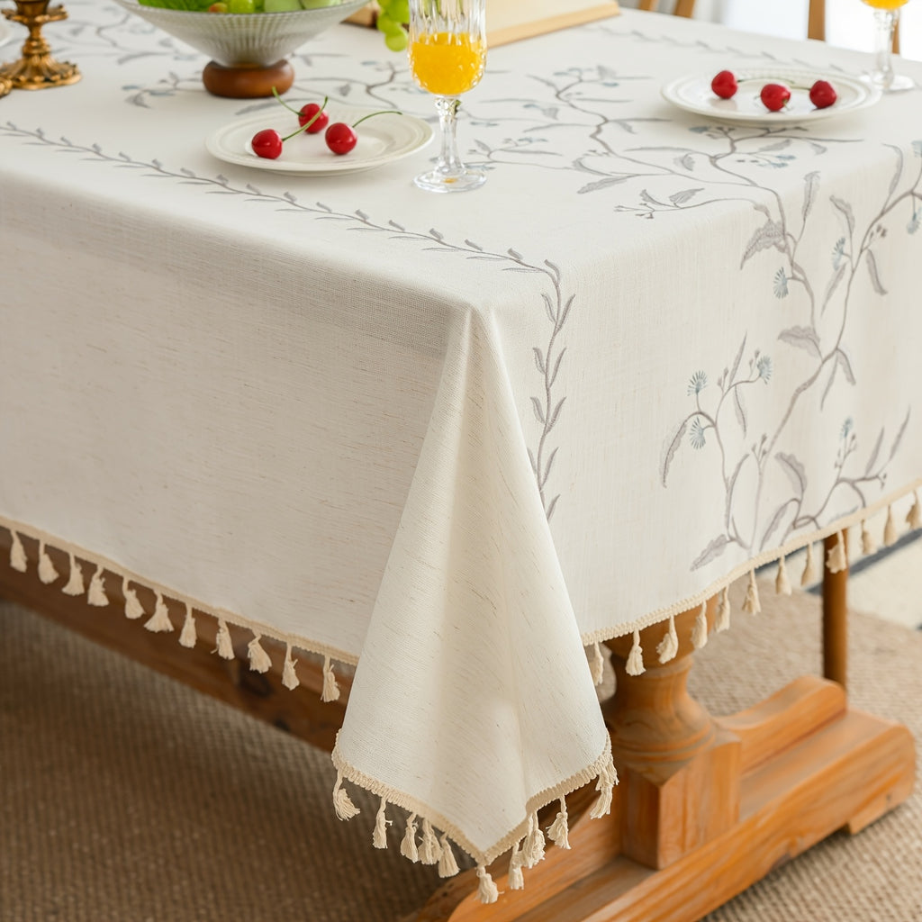 1pc French-Style Light Luxury Elegant Tablecloth, Blue-Gray with Branches, Leaves, and Flowers. Suitable for Dining Room, Living Room, and Dining Table Decoration; Picnics, Camping, Weddings, Holiday Parties, Restaurants, and Buffets