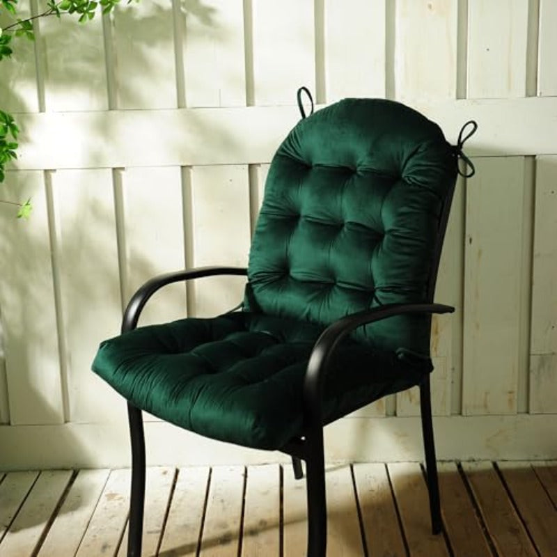Pair of 2 High-Back Tufted Cushions for Outdoor Chairs, Measuring 44 X 21 Inches, Featuring Water-Resistant Fabric, Designed for Patio Dining Chairs with Ties, Suitable for Garden Furniture in a Dark Green Color