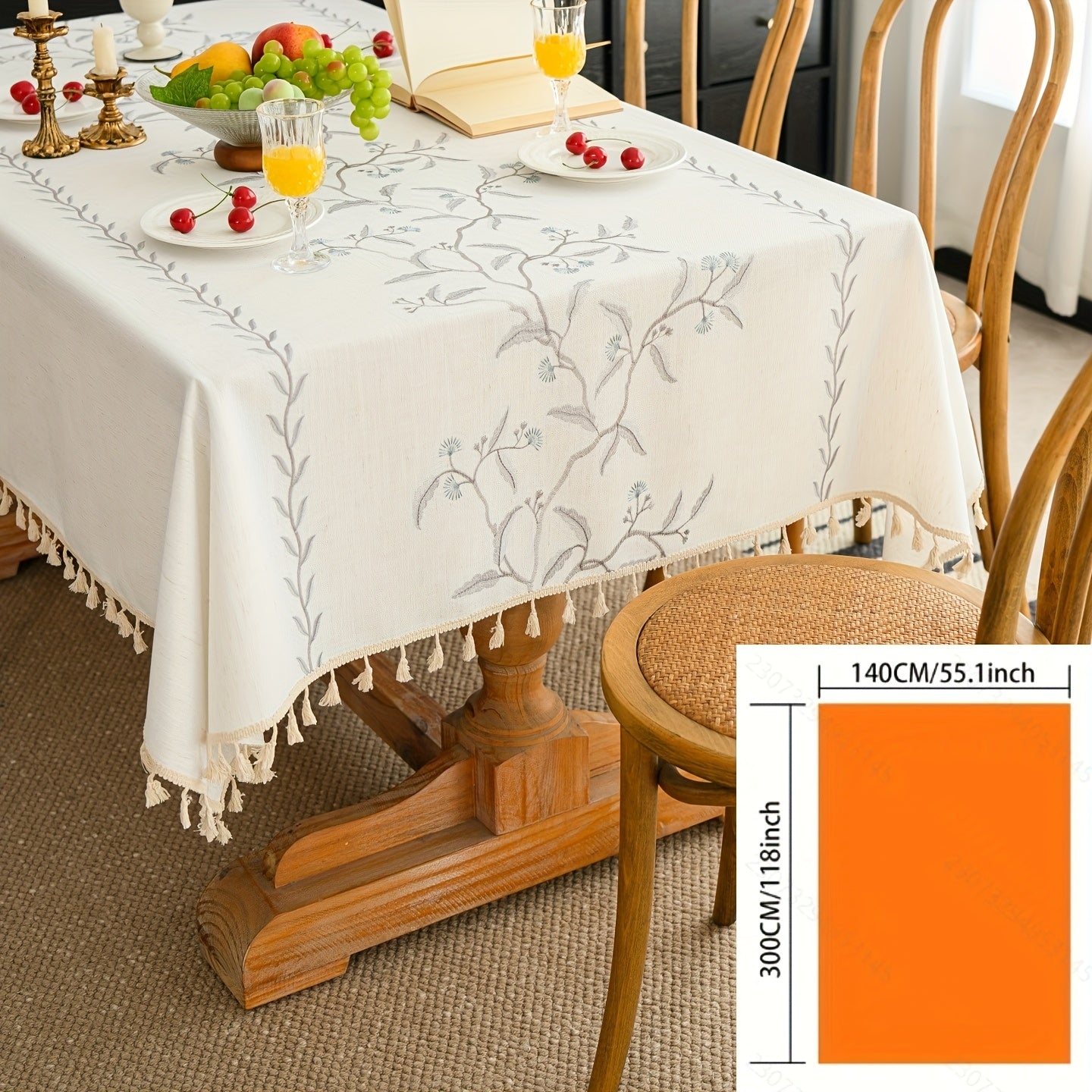 1pc French-Style Light Luxury Elegant Tablecloth, Blue-Gray with Branches, Leaves, and Flowers. Suitable for Dining Room, Living Room, and Dining Table Decoration; Picnics, Camping, Weddings, Holiday Parties, Restaurants, and Buffets