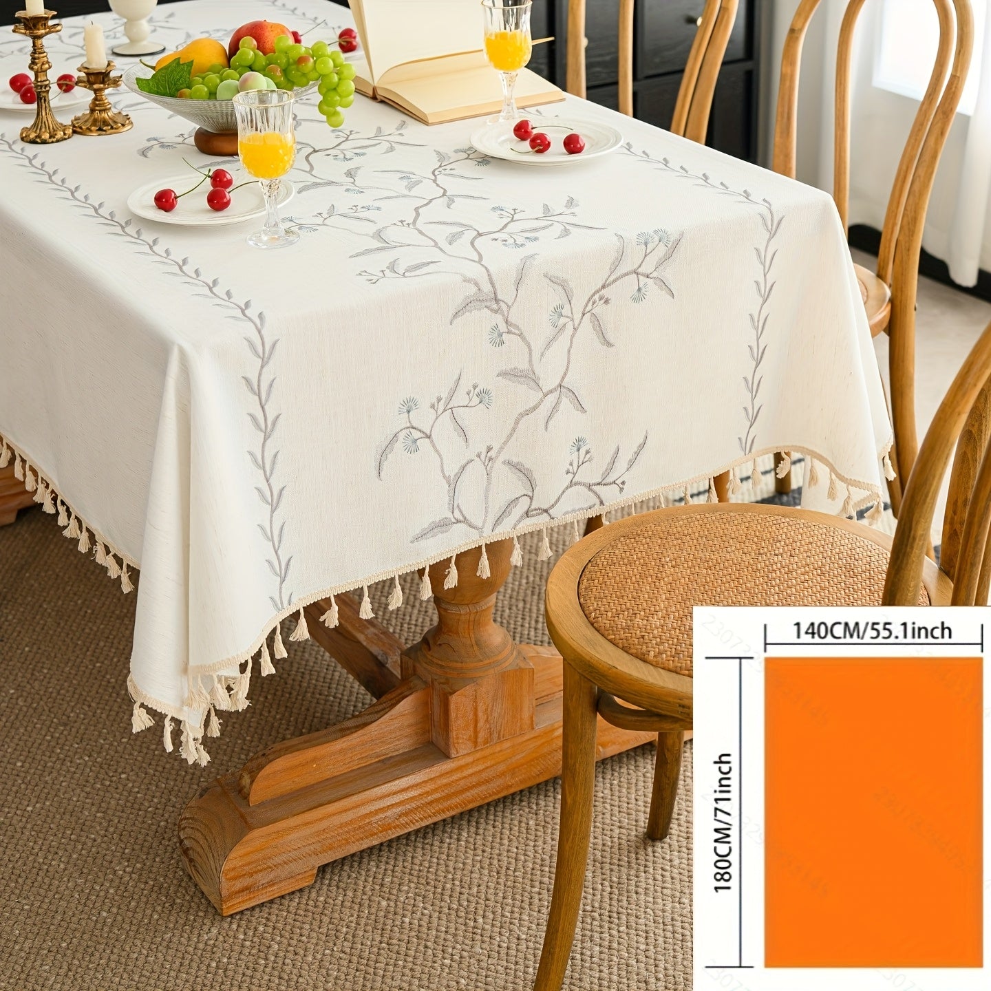 1pc French-Style Light Luxury Elegant Tablecloth, Blue-Gray with Branches, Leaves, and Flowers. Suitable for Dining Room, Living Room, and Dining Table Decoration; Picnics, Camping, Weddings, Holiday Parties, Restaurants, and Buffets