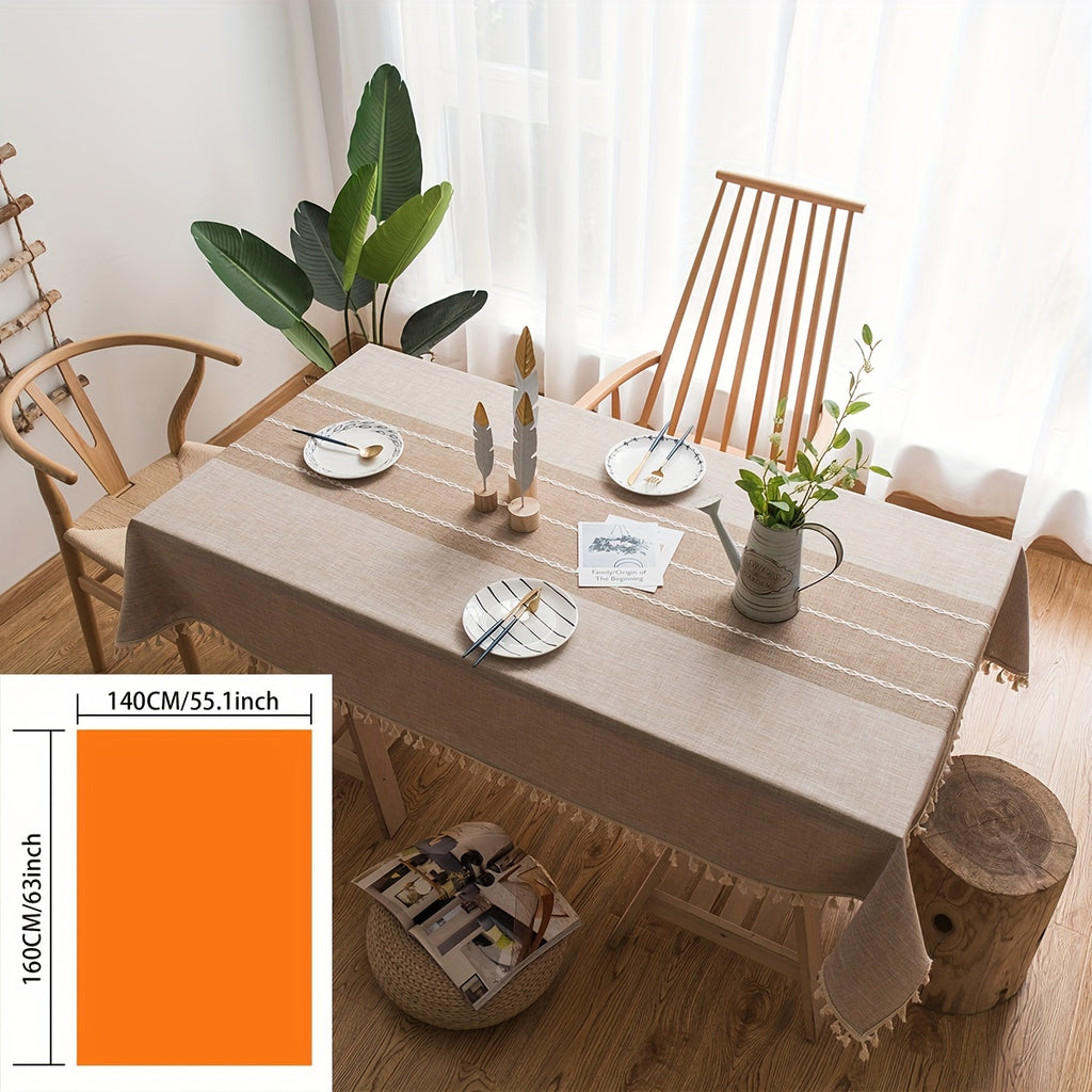 1pc Farmhouse Style Rectangular Tablecloth Suitable for Kitchen Dining Table - Elegant Striped Adhesive Table Cover with Fringe Trim, Washable & Easy Care, Fits for Farmhouse Decor, Fits Most Tables (Not Loose Fit)