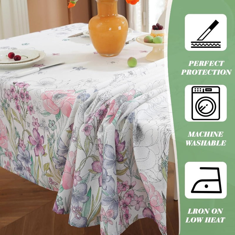 SASTYBALE Floral Tablecloth, 60 X 102 Inches, Spring\u002FSummer Wildflower Plain-Line Print, Washable, Wrinkle-Free, Elegant Texture, Rich Colors, Suitable for Decoration at Parties, Picnics, And Dinners