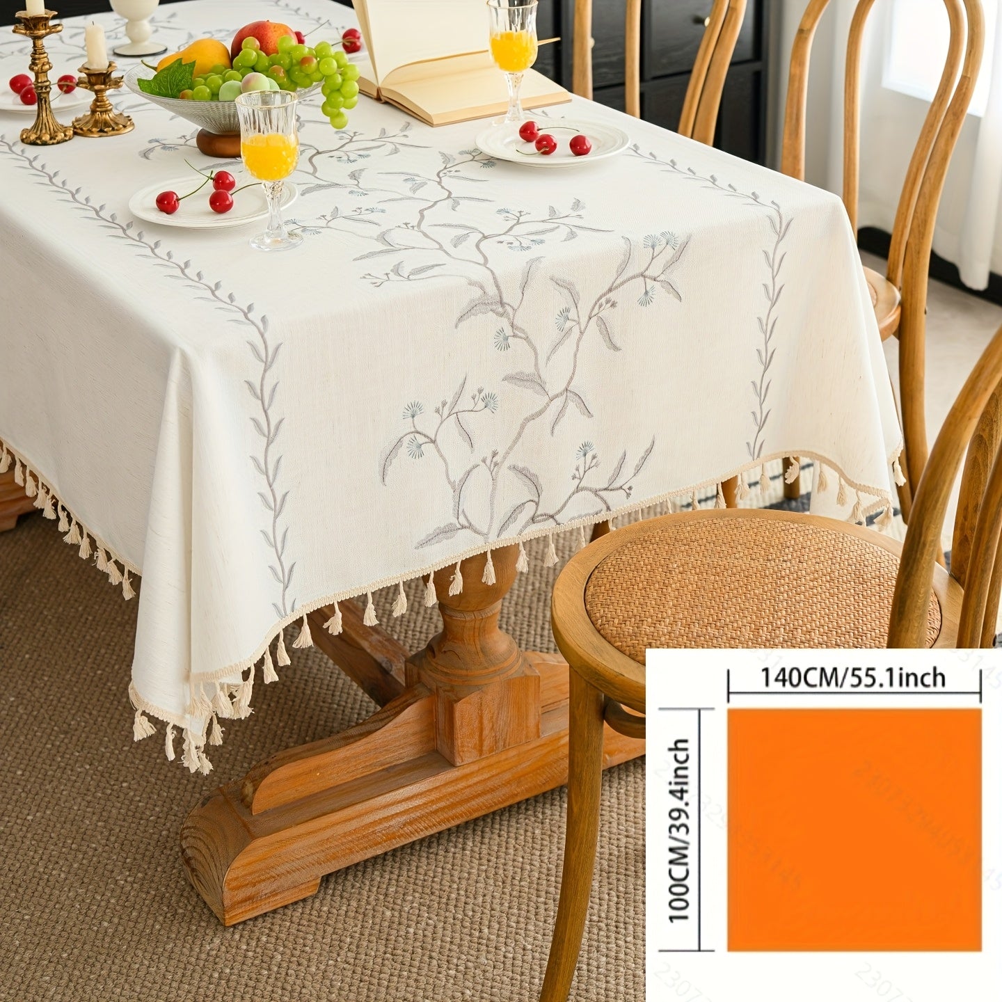 1pc French-Style Light Luxury Elegant Tablecloth, Blue-Gray with Branches, Leaves, and Flowers. Suitable for Dining Room, Living Room, and Dining Table Decoration; Picnics, Camping, Weddings, Holiday Parties, Restaurants, and Buffets